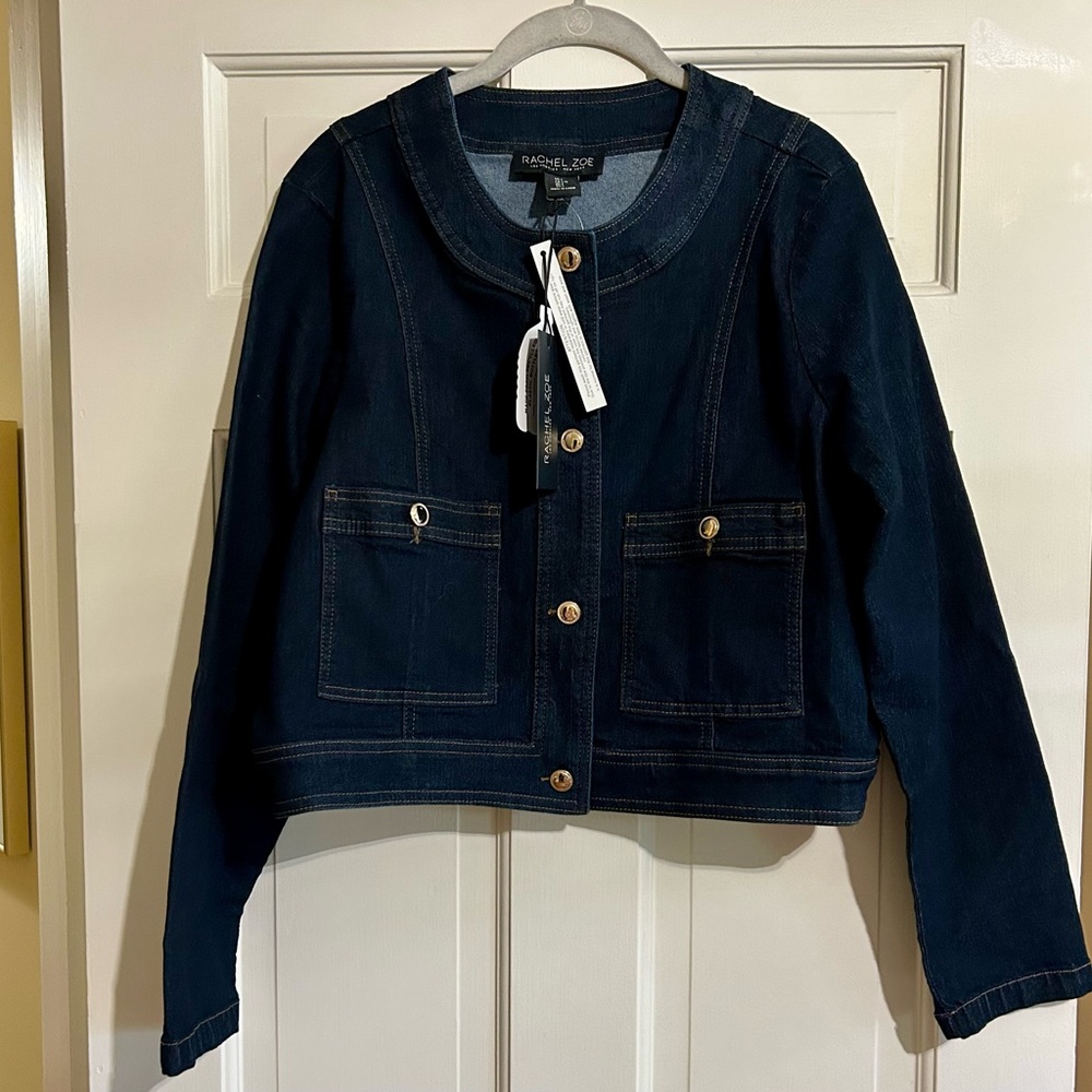 NWT Rachel Zoe Round Neck Collarless Jacket With Gold Tone Buttons Dark Denim